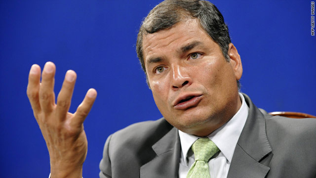 Ecuador's President Rafael Correa speaking to the press following the results of his judicial reform referendum on May 7.