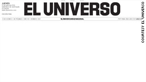 The cover of El Universo as seen Thursday in reaction to a judge's ruling against the paper.