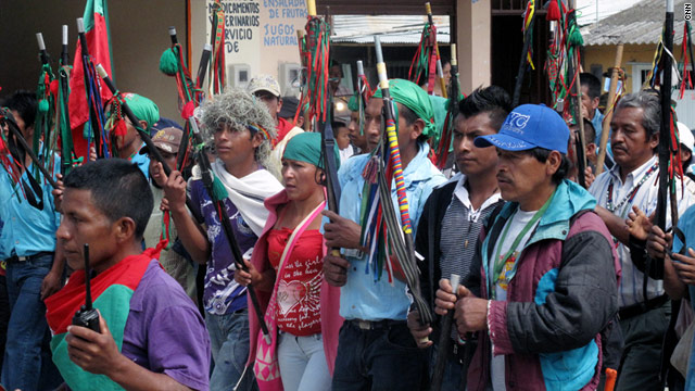 Colombian guards travel to Toribio for a meeting of the Regional Indigenous Council of Cauca to discuss FARC threats.