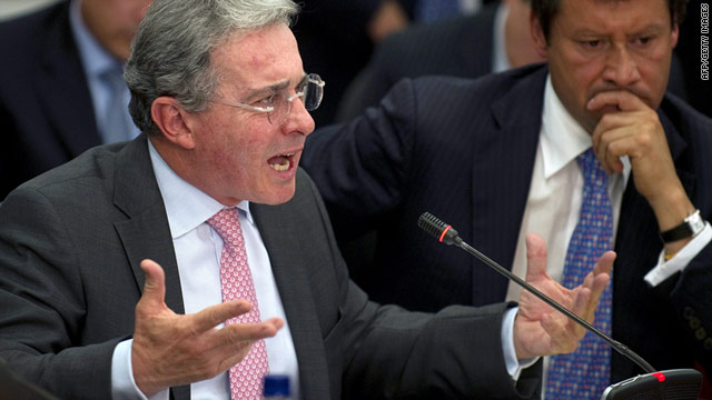 Former Colombian President Alvaro Uribe speaks during a congressional hearing in Bogota on Thursday.