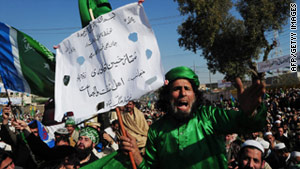 Protesters in Peshawar, Pakistan, on Sunday call for an end to drone strikes.