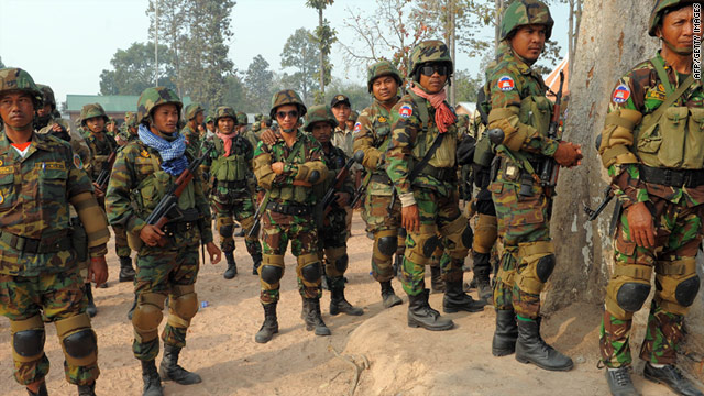 Cambodian soldiers deployed at a military base near the 11th-century Preah Vihear temple close to the Thai border.