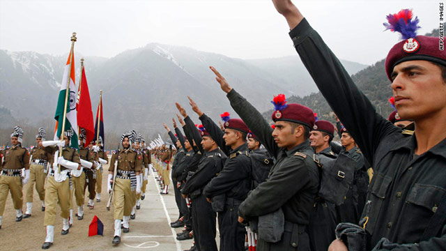 Indian troops march in the Kashmir Valley, an area of dispute since the independence of India and Pakistan in 1947