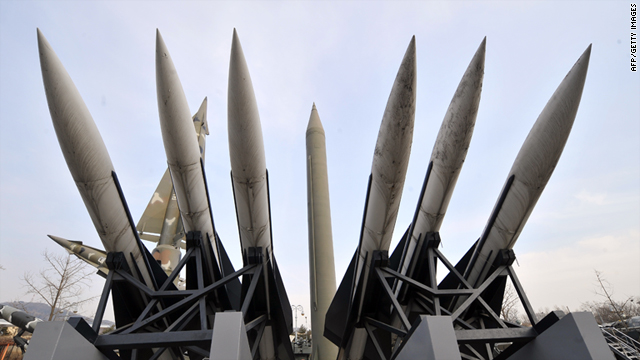 Replicas of a North Korean Scud-B missile (C-behind) and South Korean Hawk surface-to-air missiles (foreground) are seen at the Korean War Memorial in Seoul on February 17.