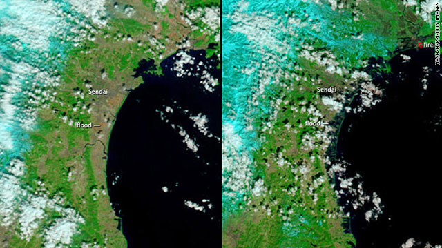 Images released by NASA show Japan's northeast coast before, left, and after flooding from the quake-induced tsunami.