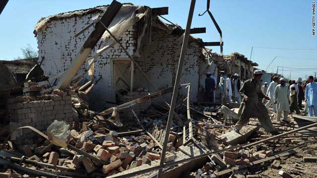 Destroyed houses and shops following a suicide car bomb attack in Hangu district on March 24, 2011.
