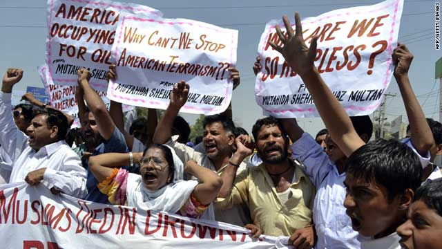 Protesters shout anti-U.S. slogans in Multan on April 22, 2011 against the suspected drone attacks in Pakistani tribal areas.