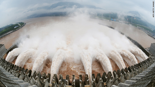 Water is released from the sluice for flood prevention at the Three Gorges Dam in Yichang on July 20, 2010.