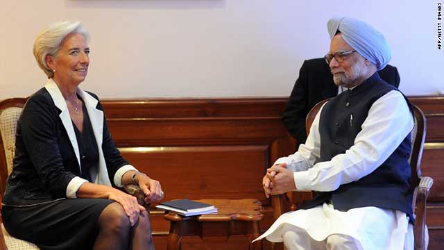 Christine Lagarde talks with Indian Prime Minister Manmohan Singh during a meeting in New Delhi Tuesday.