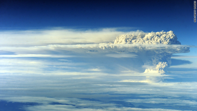 An aerial picture showing the cloud of ash billowing from Puyehue-Cordon volcano, Chile, on June 5, 2011.