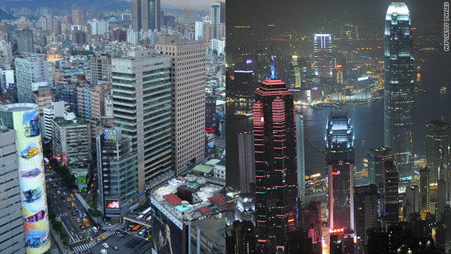 A view of downtown Taipei (pictured left) and the Hong Kong skyline (right).