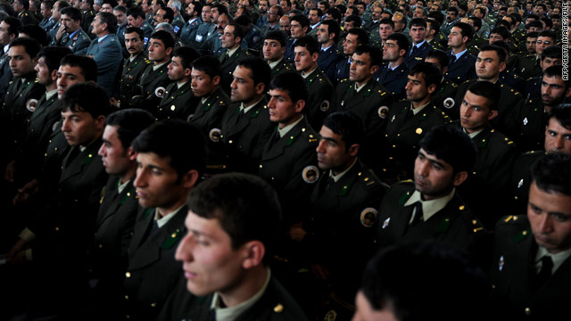 Afghan officers listen to President Hamid Karzai at the National Military Academy in Kabul on March 22.
