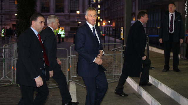 Former British Prime Minister Tony Blair arrived at the inquiry early on Friday, avoiding protesters gathered outside.