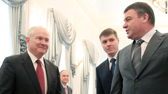 Robert Gates (L) meets with Defense Minister Anatoly Serdyukov (R) at the Ministry of Defense in St. Petersburg on Tuesday.