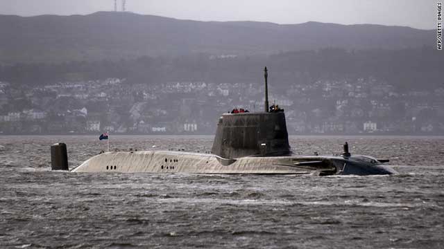 HMS Astute sailing up Gareloch on the Firth of Clyde to its base at Faslane, in western Scotland, in November 2009.