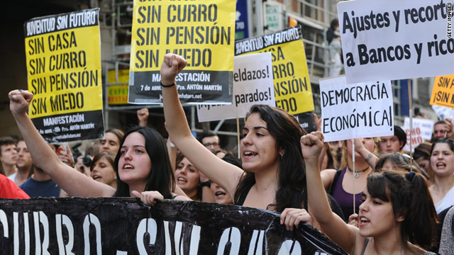 Young people with placards reading 'Without a house, without a job, without pension' during protests in April.