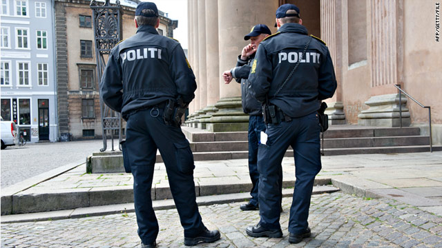 Danish police in front of Copenhagen city court on May 16, where the trial began against Lors Doukaev from Chechnya.