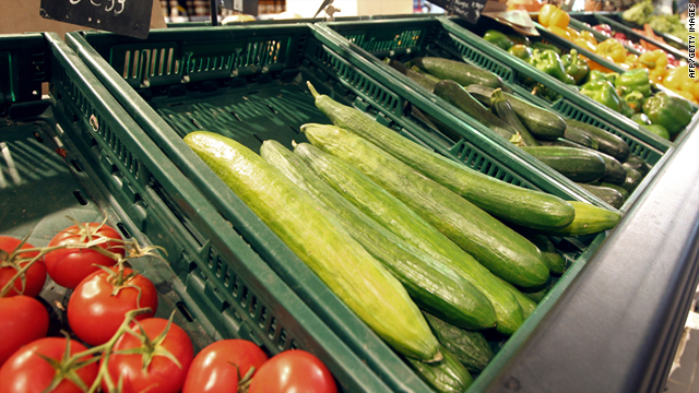 Tomatoes and cucumbers are displayed on May 30, 2011 in a stall in a supermarket in Paris.