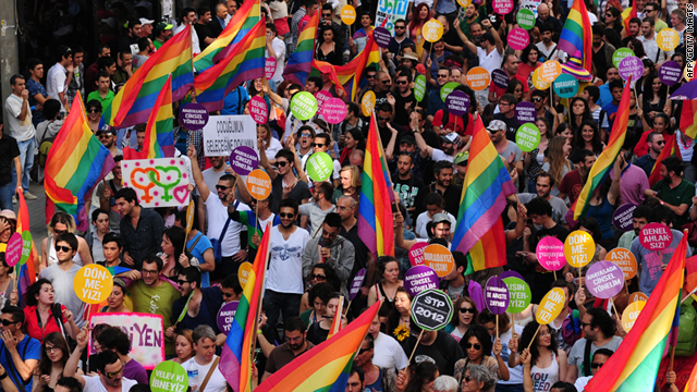 People take part in the Gay Pride Parade on Istiklal Avenue in Istanbul on Sunday.