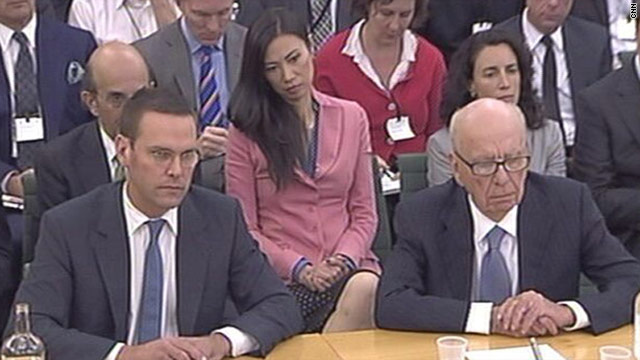 News Corp. founder Rupert Murdoch and son James, Chief Executive of News International at the select committee hearing.