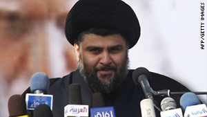 Iraqi cleric Muqtada al-Sadr addresses a crowd in Najaf, Iraq, on January 8.