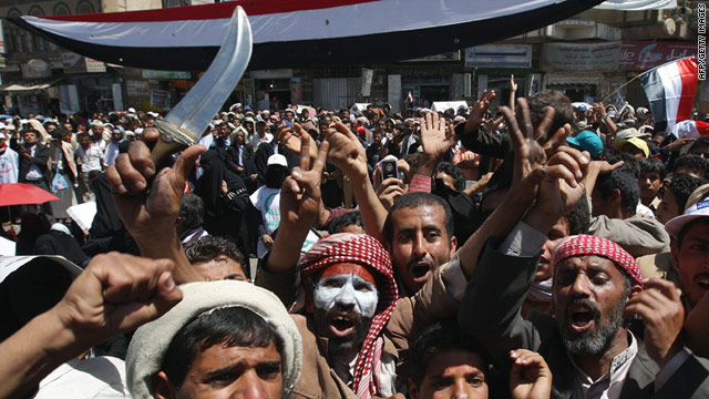 Yemeni protesters demonstrate against President Ali Abdullah Saleh during a massive anti-regime rally in Sanaa on Wednesday.
