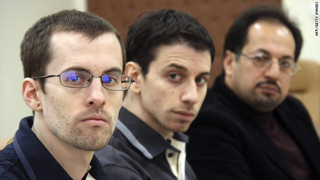 A picture from Iran's Press TV shows US hikers Shane Bauer (L) and Josh Fattal (C), detained in Iran on spying charges.