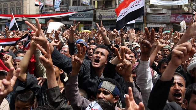 Yemenis protest against the regime of President Ali Abdullah Saleh in Sanaa on Monday, March 14.