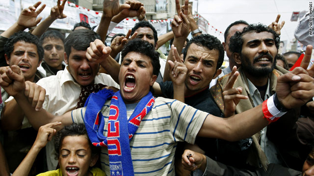 Yemeni anti-government protesters call for President Ali Abdullah Saleh to step down from office on Saturday, May 28.
