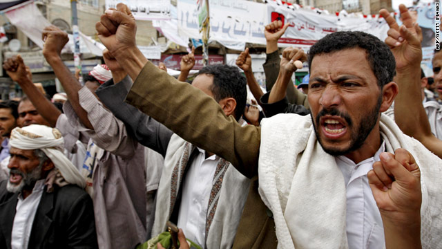 Protesters shout during a demonstration calling for the ouster of President Ali Abdullah Saleh in Sanaa on Wednesday.