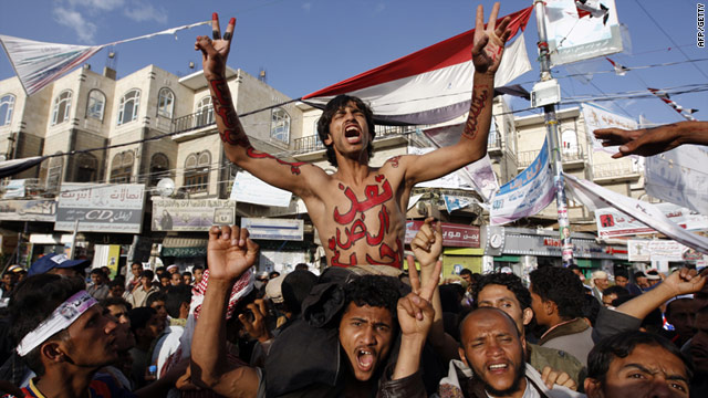 Yemenis proest during a demonstration calling for the ouster of President Ali Abdullah Saleh in Sanaa on Tuesday, May 31.
