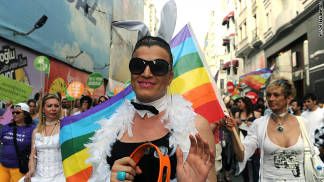 Revelers walk the streets Sunday at the ninth annual Turkish Gay Pride Parade, the only march of its kind in a Muslim country.