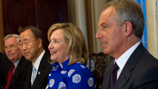 U.S. Secretary of State Hillary Clinton (C) with Middle East Quartet members in Washington on Monday.