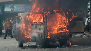 A vehicle burns during clashes in the city of Ibb, Yemen, last week.