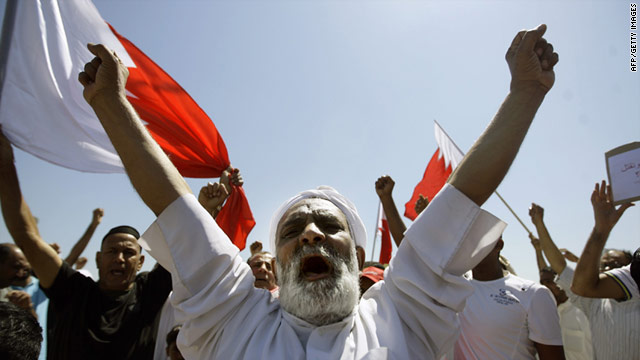 Bahraini Shiites chant slogans in the town of Sitra, situated outside the capital Manama on March 20, 2010.