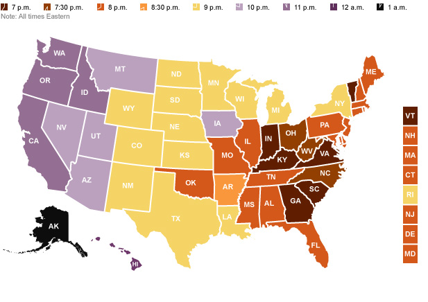 Poll closing times map