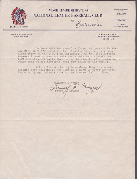 A letter from scout Dewey Griggs to Braves executive John Mullen detailing what he observed of how Hank Aaron played during a double header in May 1952, from the Richard A. Cecil Collection, Manuscript, Archives and Rare Book Library, Emory University (MARBL).