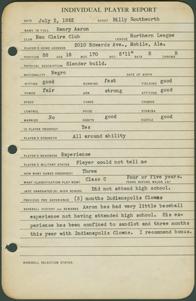 A report from Braves scout Billy Southworth from the Richard A. Cecil Collection, Manuscript, Archives and Rare Book Library, Emory University (MARBL).