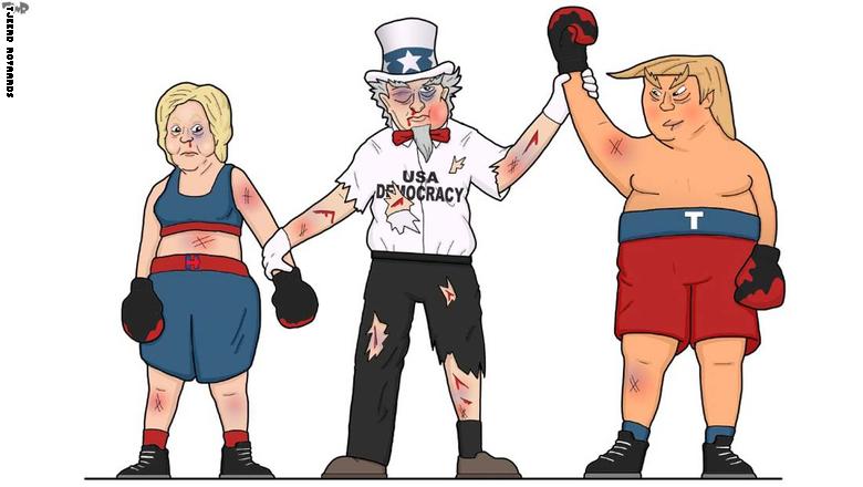 هكذا عبر رسامو الكاريكاتور عن انتصار ترامب وهزيمة كلينتون 161109155425-04-cartoonists