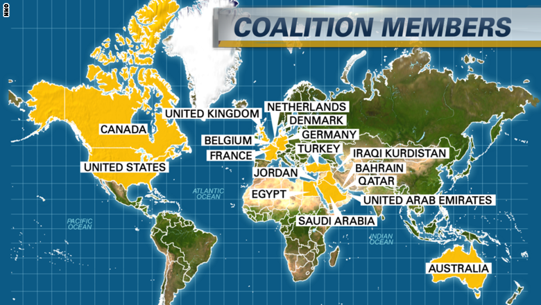 على الخريطة أبرز الدول المشاركة بالتحالف الدولي ضد داعش