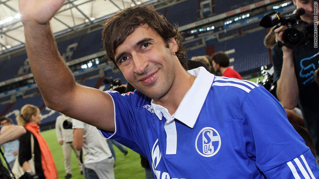 Raul greets fans at the Veltins Arena after completing his move to Schalke on Wednesday.