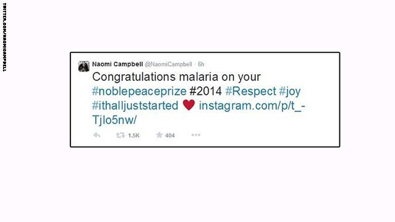 نعومي كامبل تخطىء بتهنئة "مالالا" لتكتب "مالاريا" على التويتر !!