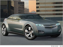 The Chevy Volt, a GM fuel-cell concept car. The automaker is shifting employees in an effort to start production of a fuel-cell car by 2010.